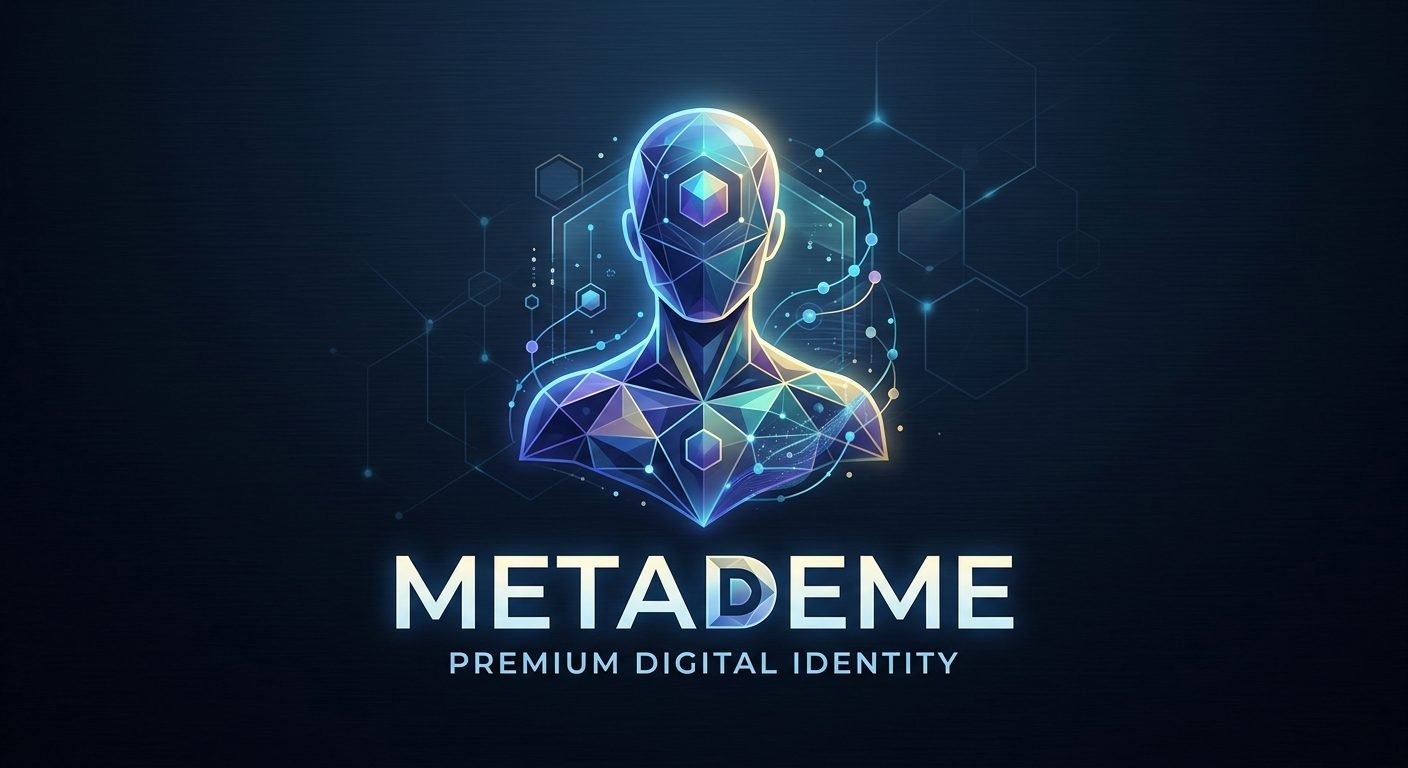 MetaDeMe concept: holographic polygonal figure over deep navy